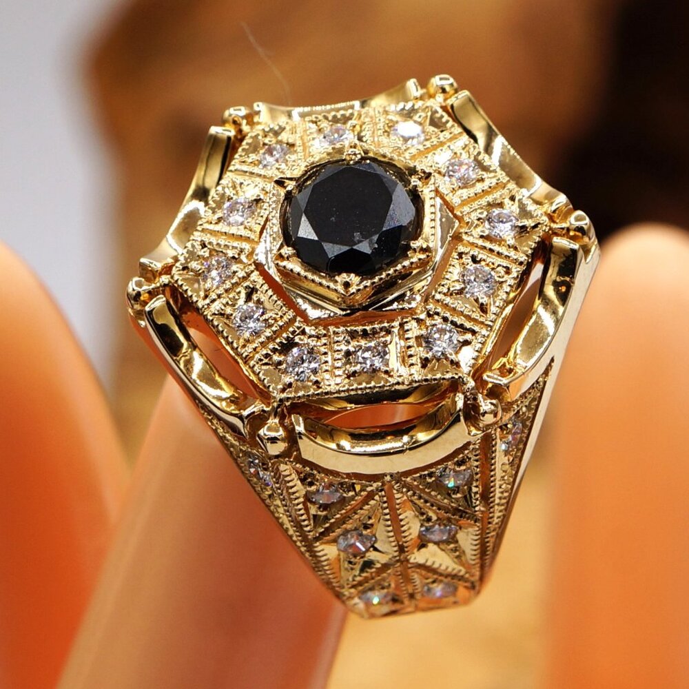 Huge 1.82C Black Diamond & 1.25C Diamond Geometric 14K Ring Size 10